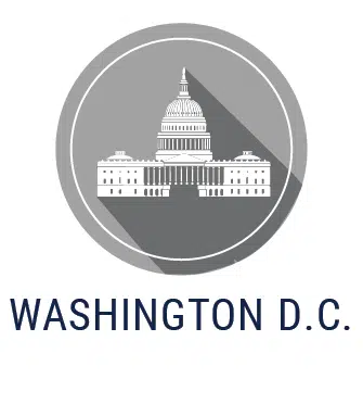 A logo for the city of Washington D.C. The image features an graphic of the Capitol Building.