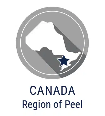 A logo for the Region of Peel. The image features an outlined piece of Canda with a star marking the region