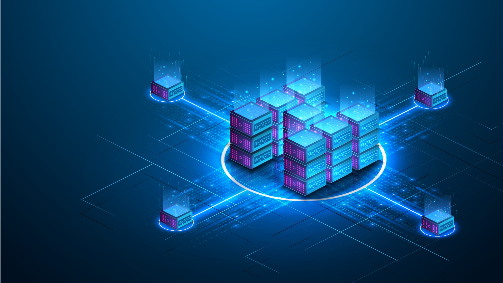 Stacked containers sitting in a circle with 4 containers on the outside. Visual representation of containerization for software development.