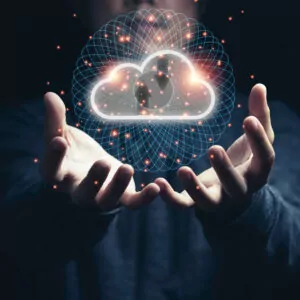 Hands holding a digital cloud