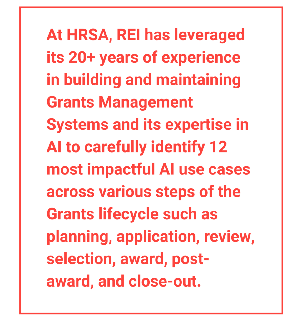 At HRSA, REI has leveraged its 20+ years of experience in building and maintaining Grants Management Systems and its expertise in AI to carefully identify 12 most impactful AI use cases across various steps of the Grants lifecycle such as planning, application, review, selection, award, post-award, and close-out.